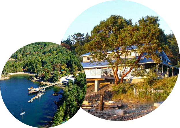 Two circles with images of Lasqueti Island Hotel. One from aerial view, the other a close up.